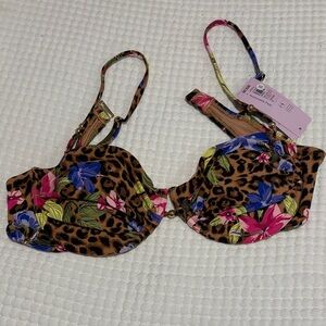 Leopard Floral Underwire Bikini Top - Brown with Pink & Blue Flowers